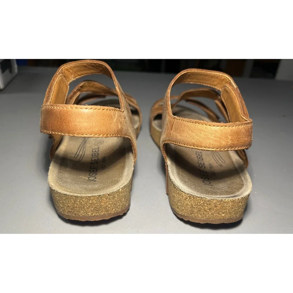 Josef Seibel Tonga Brown Leather Strappy Cork Wedge Sandals Size 39 Hook Loop